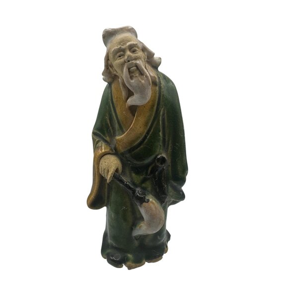 Vintage Hand-Painted Chinese Mud Man Figurine In Green & Yellow Robes - Picture 1 of 7